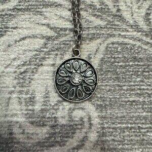 Compass Rose Design Necklace Floral Rosette Pendant Clear CZ Silver 18 in